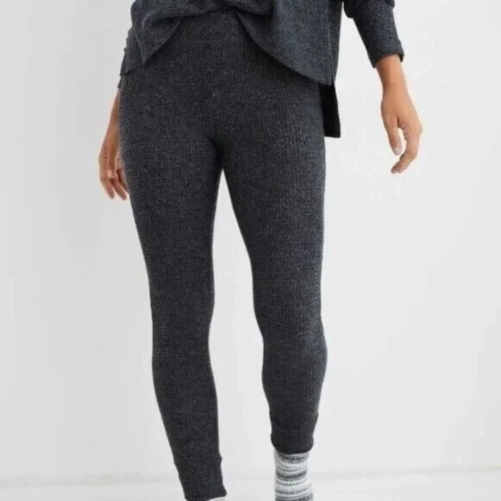 Aerie Leggings Black Gray Lounge Pull On Waffle Knit High Rise - Picture 3 of 13